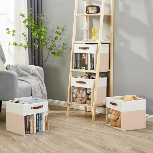Bagnizer Storage Cubes, 4 Pack Linen Foldable Storage Bins with Clear Window and 2 Handles, 13x15x13 Storage Cube Bins for Shelf Closet, Kallax, Clothes, Books - (Beige and White) - color: Beige / Off-White, size: 13 x 15 x 13