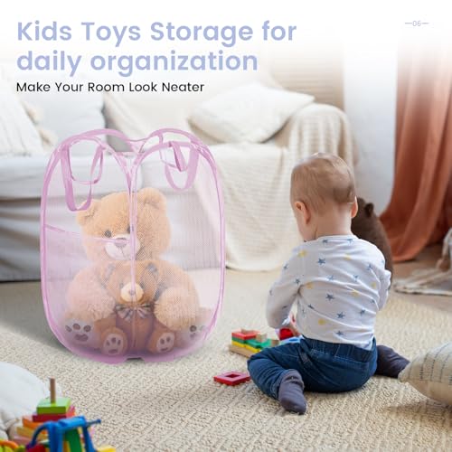 2 Pack Strong Mesh Pop-up Laundry Hamper, Quality Pop Up Hampers for Laundry with Durable Handles Solid Bottom High Carbon Steel Frame, Easy to Open and Fold Flat for Storage(Light Pink) - color: Light Pink, size: 2-Pack