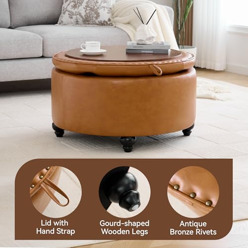 WUTUTUEE 30Inch Round Storage Ottoman with Tray, Modern Tufted Leather Circle Coffee Table with Storage, Upholstered Ottoman with Removable Top for Living Room, Bedroom, Leather Brown - color: Leather Brown, size: 30 Inch