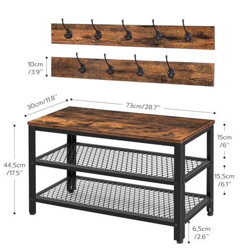 HOOBRO Hall Tree Entryway Storage Bench, Coat Rack Shoe Bench, Shoe Rack Organizer with Coat Hooks, 3-in-1 Design, Wooden Furniture with Metal Frame, Rustic Brown and Black BF17MT01 - color: Rustic Brown, Black, size: 28.7"L x 11.8"W x 17.5"H