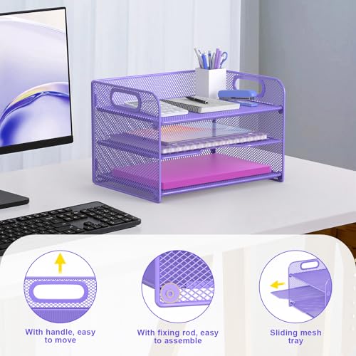 Samstar 3 Tier Purple Letter Tray Paper Organizer with Handle, Mesh Desk Organizer Paper Sorter File Rack Shelves, Purple - color: Purple 3 Tier Pack of 1