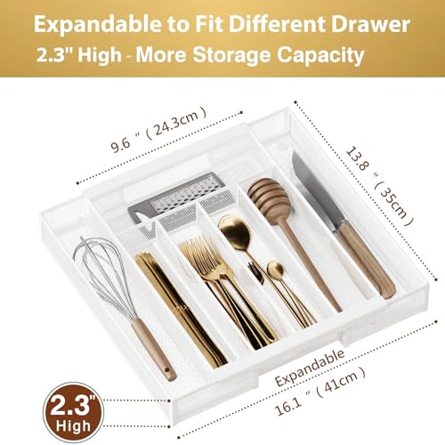 Sedegn Silverware Organizer Metal Mesh, Drawer Organizer, Utensil Cutlery Tray for kitchen drawers,Expandable Flatware Organizer with 7 Compartment White 9.6"~16.1" x 13.8" - color: White, size: Expandable 9.6"~16.1" x 13.8"