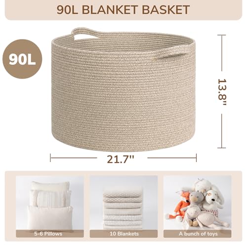 INDRESSME XXXLarge Blanket Basket for Living Room 21.7" x 21.7" x 13.8"-Storage Basket with Handle for Organizing Toy Pillows Woven Wicker Laundry Basket Stuffed Animal Toy Storage for Play Room - color: Light Brown, size: 21.7"D x 13.8"H
