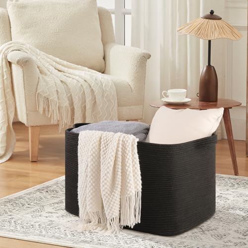 OIASKET 118L Extra Large Blanket Basket, 24.8" x 17.7" x 17.2" Woven Storage Basket for Living Room, Rectangle Nursery Blanket Storage for Toys, Towels, Dirty Clothes (Black) - color: Black, size: 24.8"x17.7"x16.2"