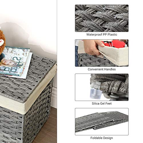 SONGMICS Storage Basket with Lid, Woven Blanket Storage Bin with Handles, Foldable, Removable Liner, Metal Frame, for Bedroom, Laundry Room, 42.3 Gallons (160 L), Gray URST76WG - color: Gray, size: 160 L