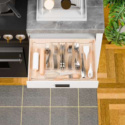 Yieach Large Clear Expandable Silverware Drawer Organizer for Kitchen,BPA FREE Adjustable Utensil Drawer Organizer and Silverware Tray,Plastic Flatware Organizers,Cutlery,Knife,Fork and Spoon Holder - size: L - 12.6 to 21.3