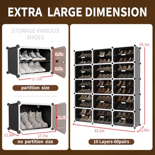 MAGINELS 6-Tier Shoe Rack,Expandable Plastic Shoe Cabinet. Shoe Storage with Door,Entryway, Closets, Hallway, and Bedroom.Accommodates Up to 24 Pairs of Shoes.Grey (3 by 10-(60 Pairs)) - size: 3 by 10 (60 Pairs)