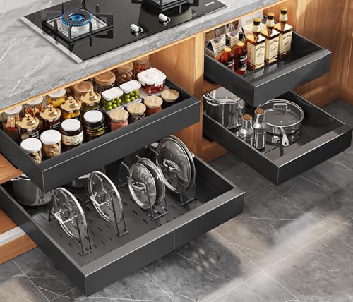 Seinloes 4Pack Expandable Pull Out Cabinet Organizer 21"Deep With Raising Pad for Framed Cabinets,Slide Out Drawers with 4pcs Divider Racks,Roll Out Shelves Adhesive,Adjustable Width 12.05"-20.4"Black - color: Black, size: 21"D x 12.05"-20.4"W(4Pack)