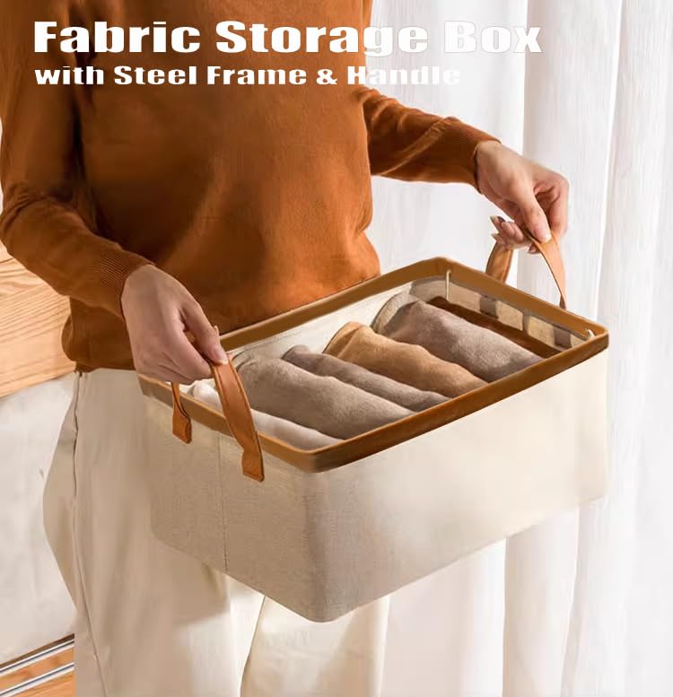 AARAINBOW 4 Pcs Closet Clothes Organizer with Handle, Fabric Storage Bins with Metal Frame Closet Shelf Storage Baskets Foldable Wardrobe Storage Box for Sweater Jeans, 20L (4 White) - color: 4 White