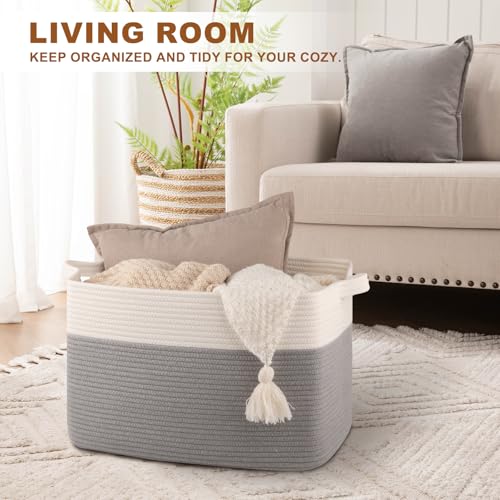 OIASKET Blanket Basket for Living Room, Cotton Rope Basket for Storage, Toy Baskets Bin for kids, Woven Baskets with Handles for Clothes, Towels, Pillows, 20" x 16" x 12", Grey and White - color: Grey & White, size: 19.7"x15.8"x11.8"