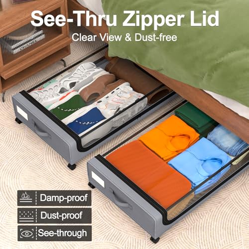 GoMaihe Under Bed Storage with Wheels: 48L Underbed Storage Containers with Lids - Rolling Bins for Shoes Clothes in Dorm Bedroom - Metal Drawers Easy Pull-out Grey 4-Pack - color: Grey, size: Large(4Pack)