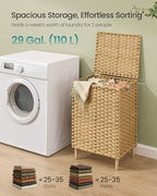 SONGMICS 2-Section Laundry Hamper with Lid, 29 Gal (110L) PE Rattan Laundry Basket with Removable Washable Liners, for Bedroom & Living Room, Goose Yellow ULCB222YE01 - color: Goose Yellow, size: 110 L (2 Basket)