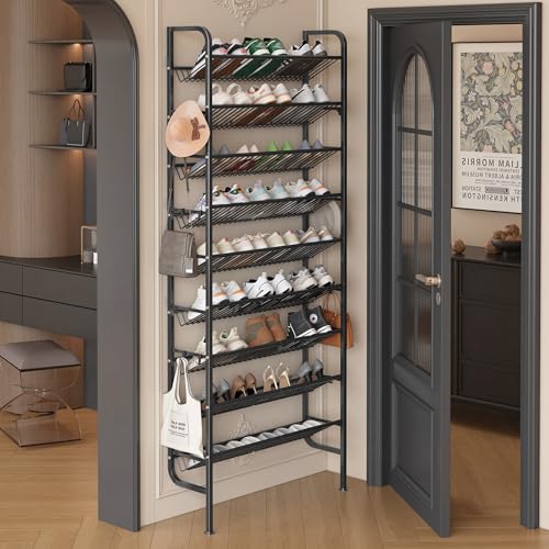 UMDONX 9 Layer Shoe Rack for 27 Pairs Shoes, Freestanding Shoe Organizer with 12 Hooks & 8 Adhesive Pads, Space-Saving Vertical Storage for Entryway and Walk-in Closet Width 27.56 inch（70cm）