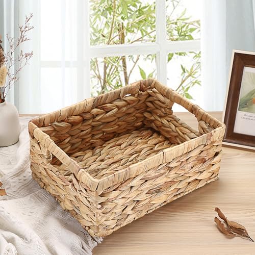 Wicker Basket for Shelf Water Hyacinth Storage Baskets with Built-in Handles Handwoven Natural Basket Bin for Bathroom Kitchen Home Decor,12 x 9 x 5 inches - size: 12"L x 9"W x 5"H