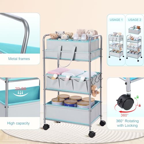FoldTier 2in1 Colorful Baby Diaper Caddy Organizer Cart 3 Tier Large Capacity Metal Utility Bedside Rolling Cart with Divider for Newborn Nursery Essential Must Have Crib Bedroom Baby Shower (Blue) - color: Blue