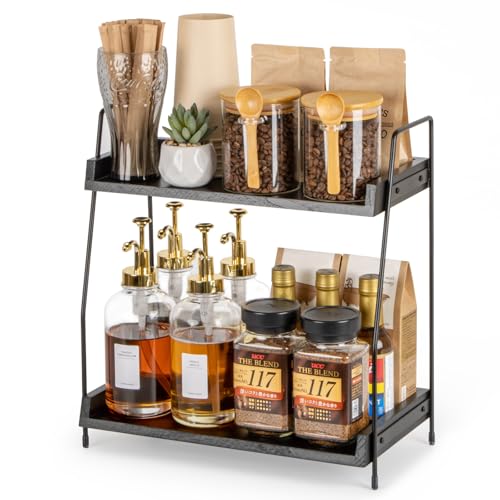 ANBOXIT 2-Tier Coffee Station Organizer, Wooden Kitchen Counter Shelf - Black - color: Black