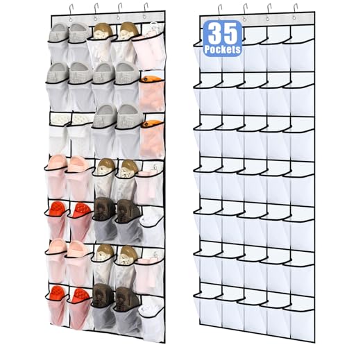 Windyun 2 Pcs 70 Large over The Door Shoe Organizer Hanging Shoe Rack for Closet Holder White Mesh Pockets Back to School Behind Door Hanger Storage Nonslip for Home Room School Dorm, Each 35 Pockets - color: White in Gray