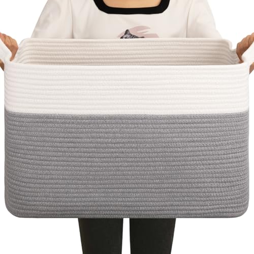 OIAHOMY Large Blanket Basket, 65L Cotton Rope Woven Laundry Basket, Toy Bin for Baby Room, Container for Blanket Storage in Living Room, 20''×16''×12'', Grey & White - color: Grey & White, size: 65L
