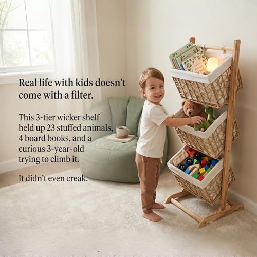 Three-Tier Floor-Standing Storage Rack, Hand-Woven Storage Basket, Vertical Storage Rack, Retail Display Rack Diaper Storage Suitable for Bathroom, Kitchen, Laundry Room, Living Room
