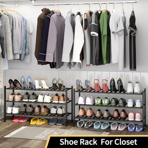 Long Shoe Rack, 3-Tier Bamboo Stackable Shoe Shelf Storage Organizer, Shoe Stand for Closet, Entryway and Hallway - color: Black, size: 3-Tier-Long