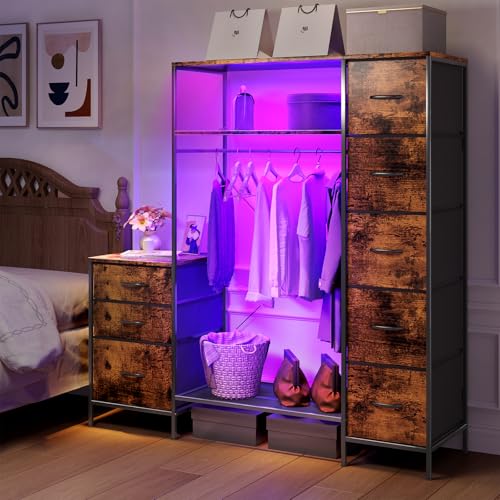 Garment Rack with Drawers, Freestanding Closet Organizer with Shelves, 55W*57.08H Heavy Duty Clothes Rack with Hanging Rod, Clothing Wardrobe Closet for Bedroom, Living Room, Entryway, Laundry Room - color: Coffee