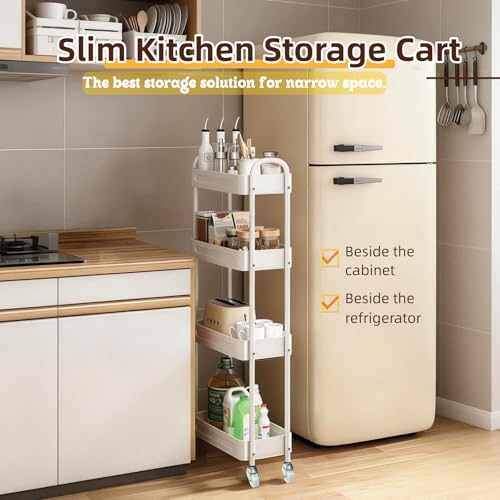 4 Tier Slim Kitchen Storage Cart for Narrow Space, 7.1'' Wide Metal Rolling cart with Wheels and Lockable Casters, Sturdy Mobile Thin Shelf for Laundry Room Between Washer and Dryer, White - color: White, size: 4 tier