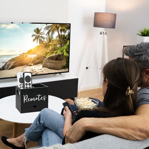 Remote Control Holder, Wooden TV Controller Holder, Desk Organizer with 2 Compartment and Drawers for TV & Office Supplies, Ideal for Tabletop (Black) - color: Black