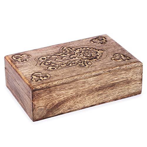 Ajuny Wooden Box with Hamsa Hand Carved Decorative Multipurpose Use Jewelry Organizer Travel Treasure Chest Trinket Holder Gift - 8 X 5 Inch - style: Hamsa Hamsa
