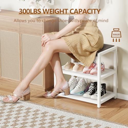 Small Shoe Bench Shoe Rack Storage Bench Entryway Bench Shoe Shelf with Seat Cushion, Stable Shoe Organizer for Entryway, Living Room, Bench Seat Holds Up to 300 lb, (18"L x 12"W x 17"H, White) - color: White, size: 18"L x 12"W x 17"H