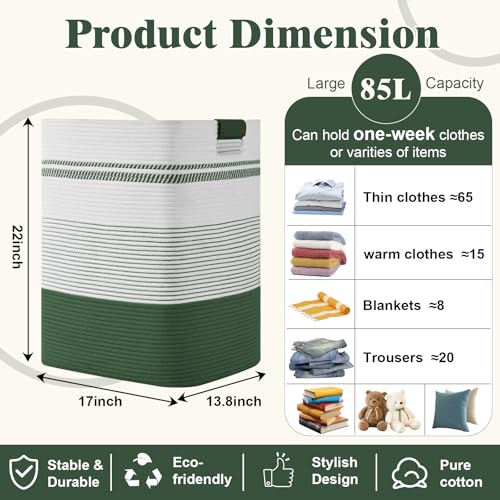 Laundry Hamper, 85L Tall Laundry Basket with Leather Handles, Rectangle Large Clothes Hamper for Organizing, Cotton Woven Laundry Baskets Storage Hampers for Bedroom, Nursery, Living Room - color: Green, size: 85L
