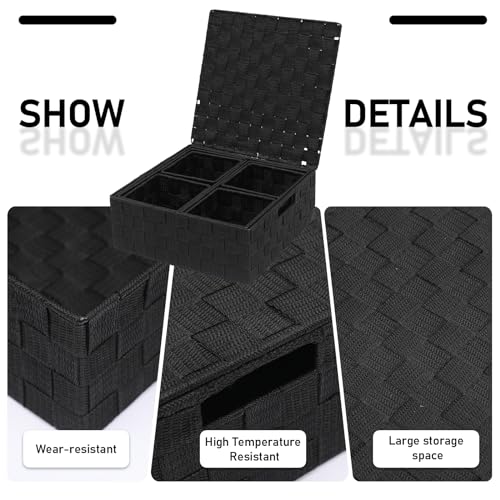 Woven Storage Bins with Lids, Set of 8, Polypropylene Storage Baskets with Metal Frame, Stackable Fabric Boxes for Drawers, Closet, Shelf, Nursery and Office, Black - color: Black, size: 8PCS-with lid