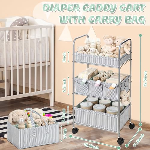WILLBOND 2 in 1 Baby Diaper Caddy Organizer Cart, 3 Tier Large Stripe Bedside Rolling Cart Metal for Baby Essential with Divider for Newborn Registry Must Have Nursery Bedroom Mother Gift(Green) - color: Green