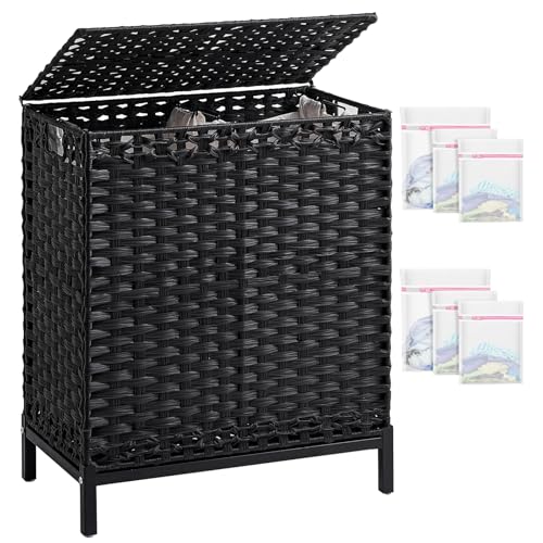 SETVSON Laundry Hamper with Lid, 112 L Handwoven Rattan Wicker Laundry Basket, 2 Removable Liner Bags Metal Heightened Feet, 6 Mesh Bags, 2 Section Large Clothes Hamper for Bathroom Bedroom, Black - color: Black, size: 112 L - 29.6 gal