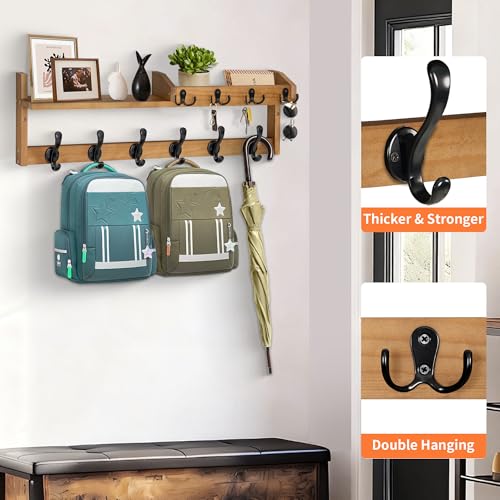 Coat Rack Wall Mount with Shelf, 27.5" Entryway Wall Hanging Shelf, Coat and Key Hanger with 10 Dual Hooks, Mail Organizer and Key Holder Hat Rack for Wall, Wood Coat Hooks with Storage - color: Brown