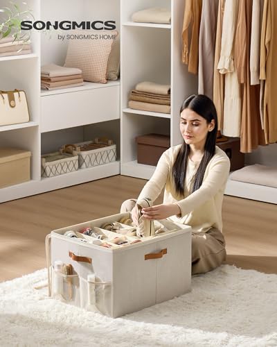 SONGMICS Shoe Organizer for Closet, Shoe Storage Bin, Fits 16 Pairs, Fabric Container with Handles and Clear Cover, Adjustable Dividers, Customizable, Cappuccino Beige ULSP555K01 - color: Cappuccino Beige, size: 1 Pack