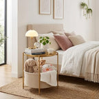 danpinera Round Side Table with Fabric Storage Basket, Metal Side Small Bedside Table Nightstand with Removable Tray Top for Living Room, Bedroom, Nursery, Bathroom, Gold - color: Gold