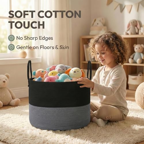 JMvicyroam 115L Extra Large Blanket Basket for Living Room - Woven Cotton Rope Laundry Hamper with Reinforced Handles - Storage Bin for Pillows, Comforters & Toys - Machine Washable, Black&Grey - color: Black&Grey, size: 115L