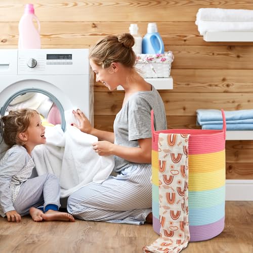 Woven Cotton Rope Laundry basket-16”X22” Laundry Hamper-Rope Storage Basket for Dirty Clothes, Toys and Blankets Perfect for Bathroom, Baby nursery and Living Room Storage (rainbow, Large) - color: rainbow, size: Large