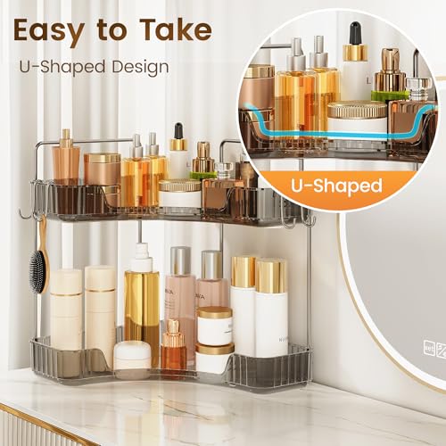 Corner Counter Organizer, 2-Tier Bathroom & Kitchen Storage Tray with Hooks | Clear Vanity Organizer for Skincare, Makeup & Jewelry - color: Grey, size: 2 Tier