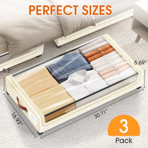 SpaceHacks Under Bed Storage with Wheels 3Pack Underbed Storage with Clear Window&Label Under Bed Drawers Large Capacity Rolling Under Bed Storage for Clothes,Shoes, Blankets (Beige) - color: Beige, size: 3 pack