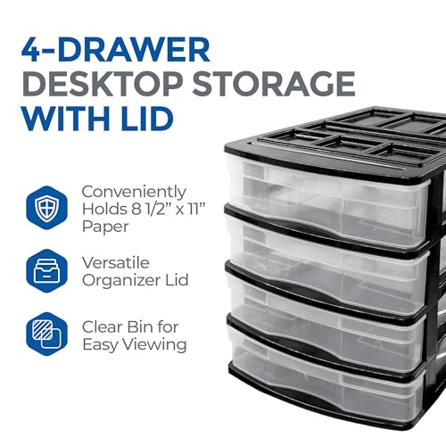 Gracious Living 4-Drawer Desktop and Countertop Storage Organizer Drawer Set, Plastic Office Desk Organizer, Black/Clear