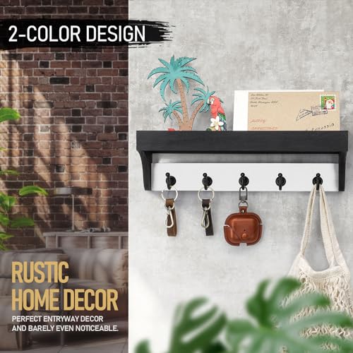 Rebee Vision Key Holder Wall Mount with Shelf - Decorative 2-Color Key Rack with 5 Rustic Key Hooks and Primitive Wood Mail Organizer Wall Mount - Modern Farmhouse Entryway Decor (Black & White) - color: Black&White