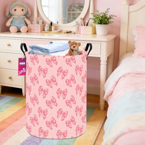 Laundry Hamper Large Canvas Fabric Lightweight Storage Basket/Toy Organizer/Dirty Clothes Collapsible Waterproof for College Dorms, Boys and Girls Bedroom,Bathroom(Pink bowknots) - color: Pink bowknots