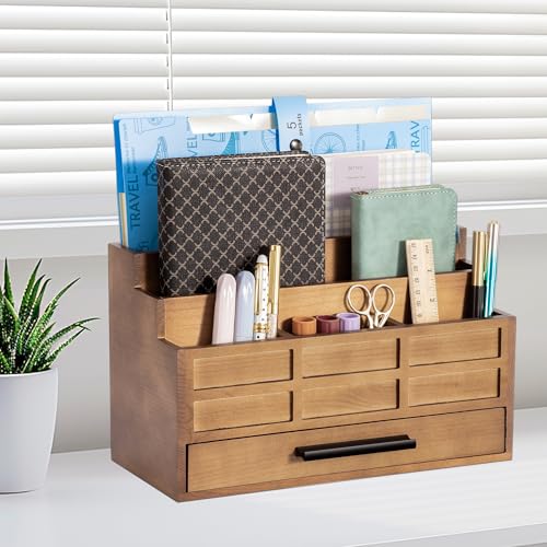 dreampossible Brown Wood Desk Organizer and Accessories with Drawer, Bill Mail Organizer and File Mail Holder for Office Supplies, Rustic Desk Accessories & Workspace Organizers - color: Brown B