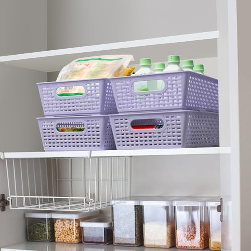 Tiawudi Stackable Woven Plastic Basket, Storage Bins for Cabinet, Closet, Shelf, Under Sink and Countertop, Pantry Organizer Bins, 6 Pack - color: Violet
