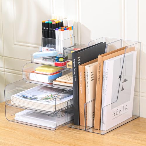 CiWiVOKi Desk Organizer with 2 Vertical File Holder, 4 Tier Stackable Paper Letter Tray File Organizer with 5-Compartments Pen Holder, Clear Desktop Organizer Office Organization and Storage - color: Clear, size: 6 pc