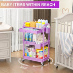 Goovilla 3 Tier Rolling Utility Cart Organizer with Removable Drawer, Stable and Sturdy Purple Rolling Storage Carts with 2 Lockable Wheels for Bathroom, Kitchen, Snack, Craft, Makeup, Baby Essentials - size: 3 Tier, style: Purple