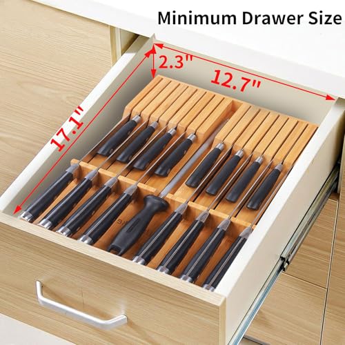 Utoplike In-drawer Knife Block Bamboo Kitchen Knife Drawer Organizer Large, handle Steak knife Holder without Knives, Fit for 16 Knife and 1 Sharpening Steel (Knives & Sharpening Not Included) - size: 16 Holder