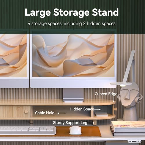 Bamboo Dual Monitor Stand with Storage, Curved Double Computer Laptop Stand Desk Shelf Organizer with Sliding Doors (42 inch) - size: 42 inch