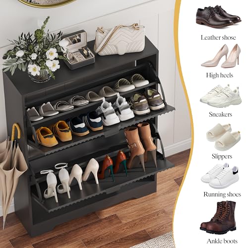 HUANLEGO Shoe Cabinet Storage for Entryway with 2 Flip Drawers, Black Fluted Shoe Cabinet with Open Storage, Wooden Hidden Shoe Rack Freestanding Narrow Slim Shoes Organizer for Hallway, Entrance - color: Black, size: 2 Drawer